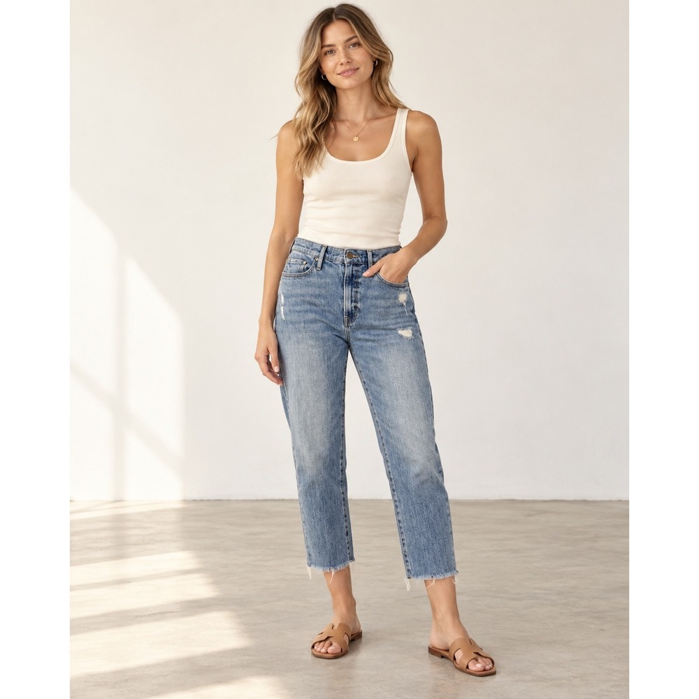 FRAME Le Beau Crop Jeans Women's 28 Distressed Light Wash Raw Hem